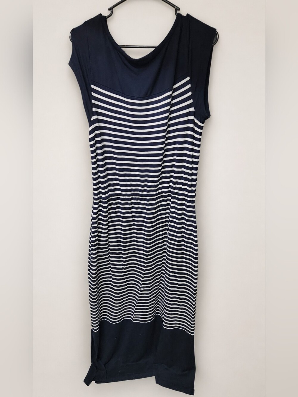 Talbots Preppy Navy White Striped Modal Maxi Dress Drawstring Waist L - Picture 3 of 15